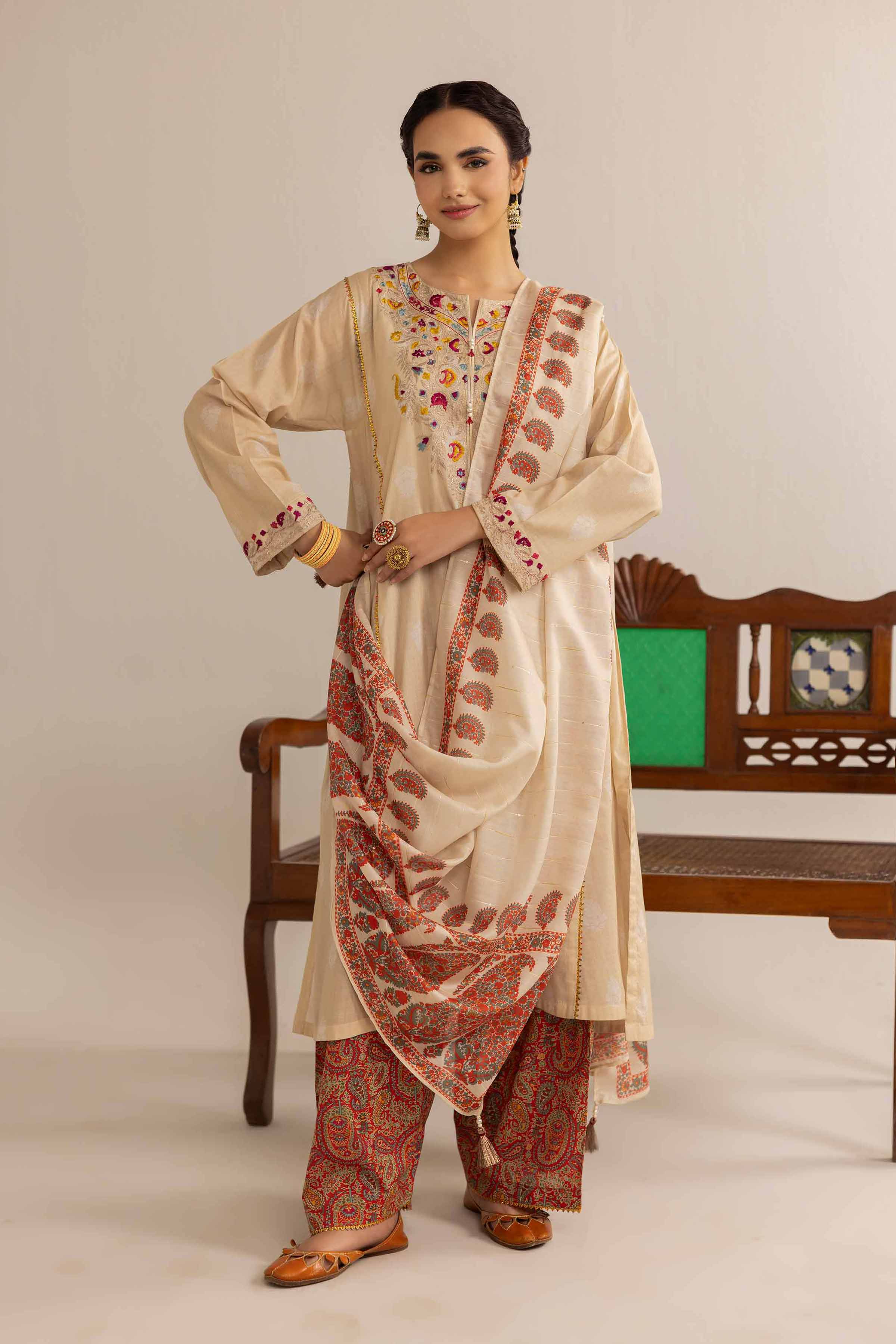 3 Piece - Printed Embroidered Suit - PE25-108
