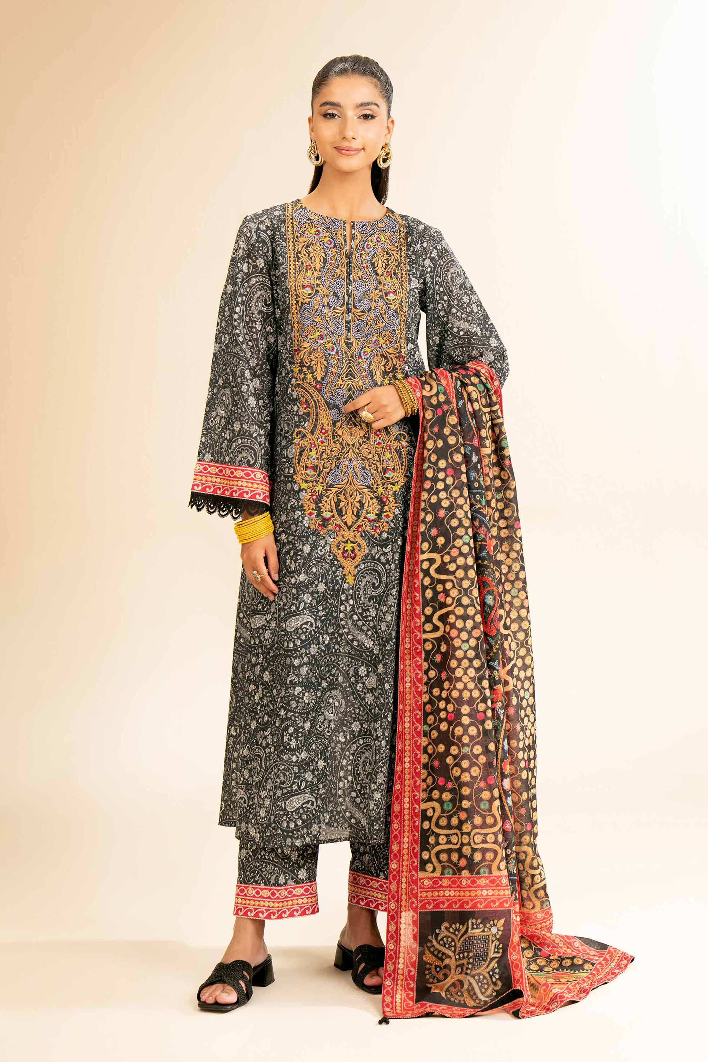 3 Piece - Printed Embroidered Suit - 42501308
