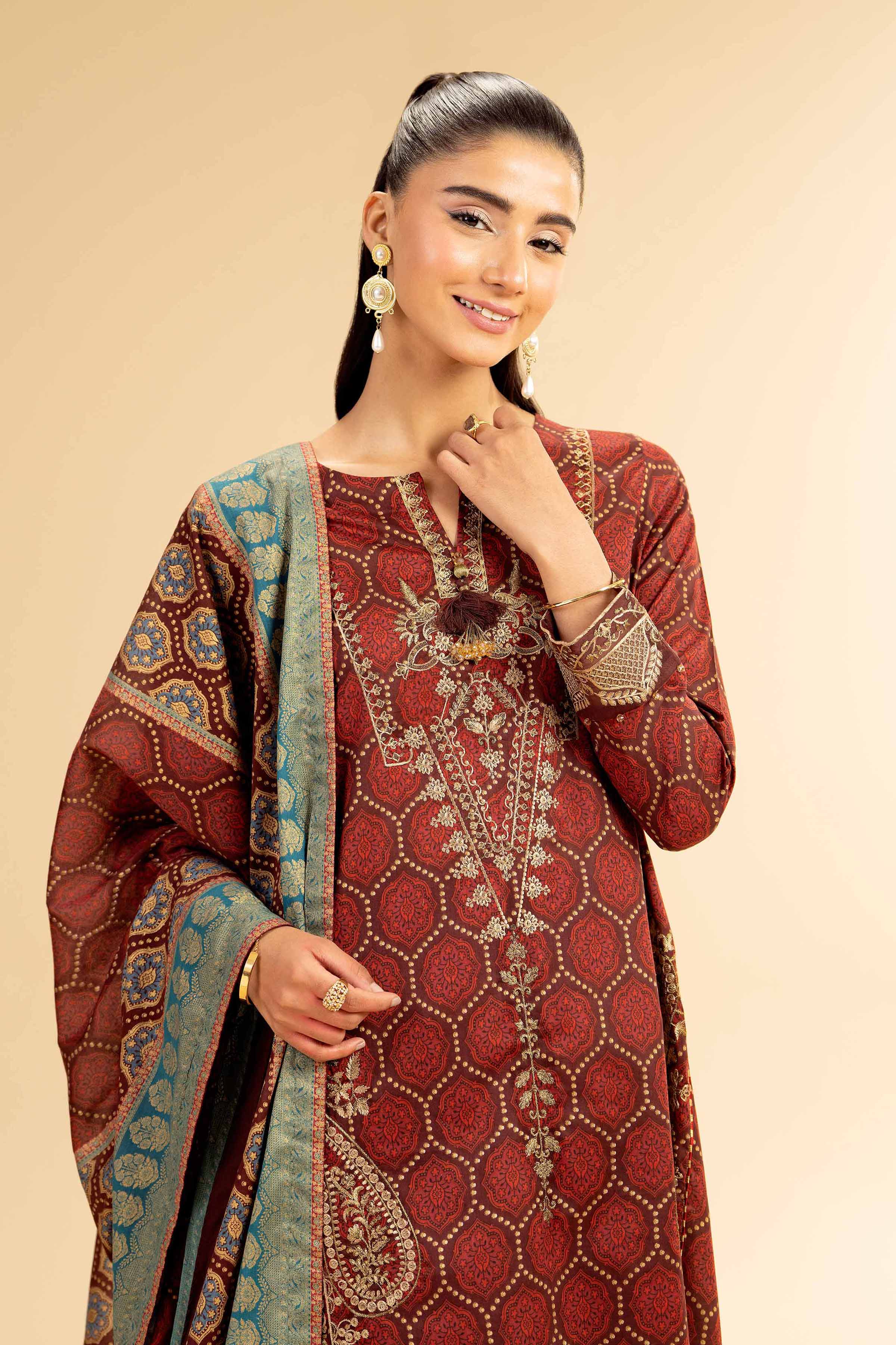3 Piece - Gold Printed Embroidered Suit - 42501421