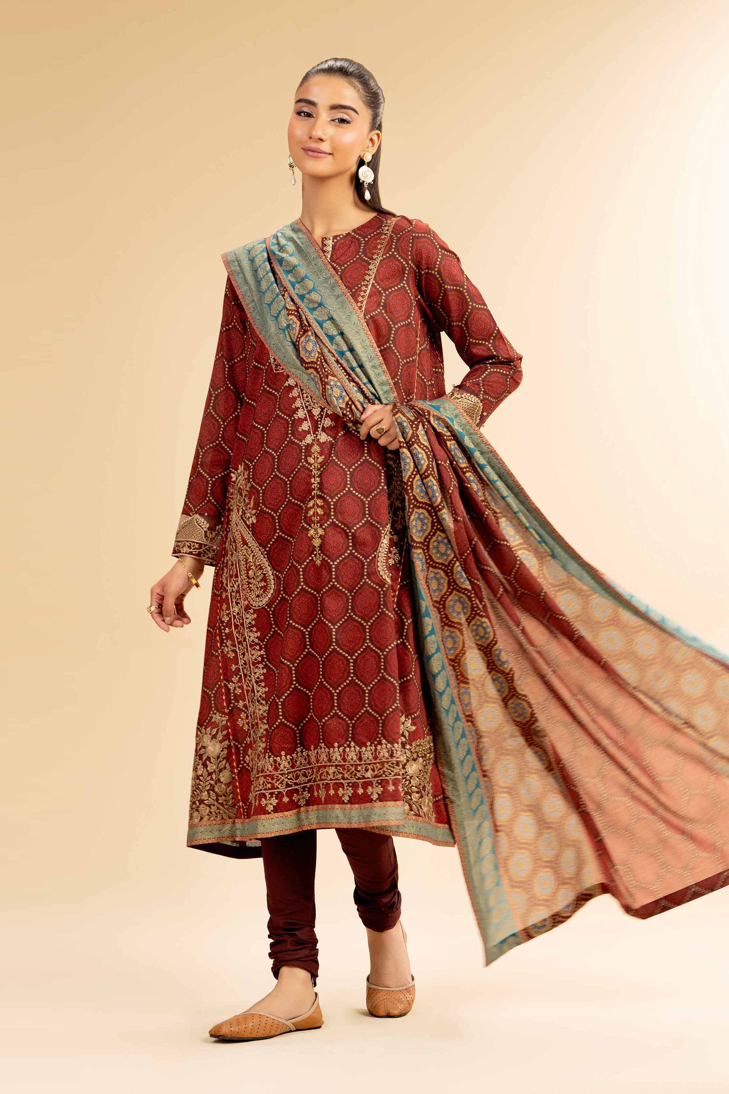 3 Piece - Gold Printed Embroidered Suit - 42501421