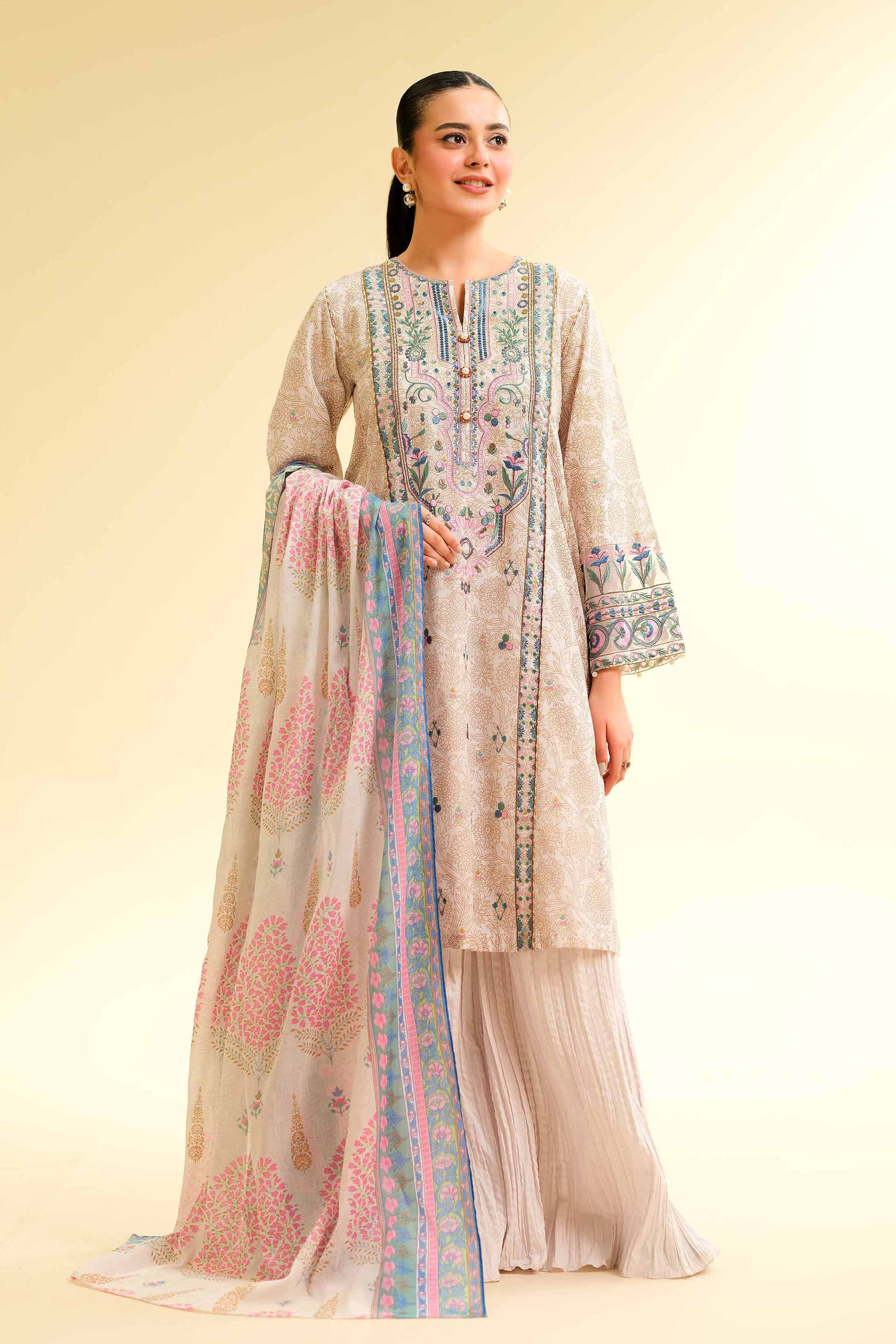 3 Piece - Gold Printed Embroidered Suit - 42501416