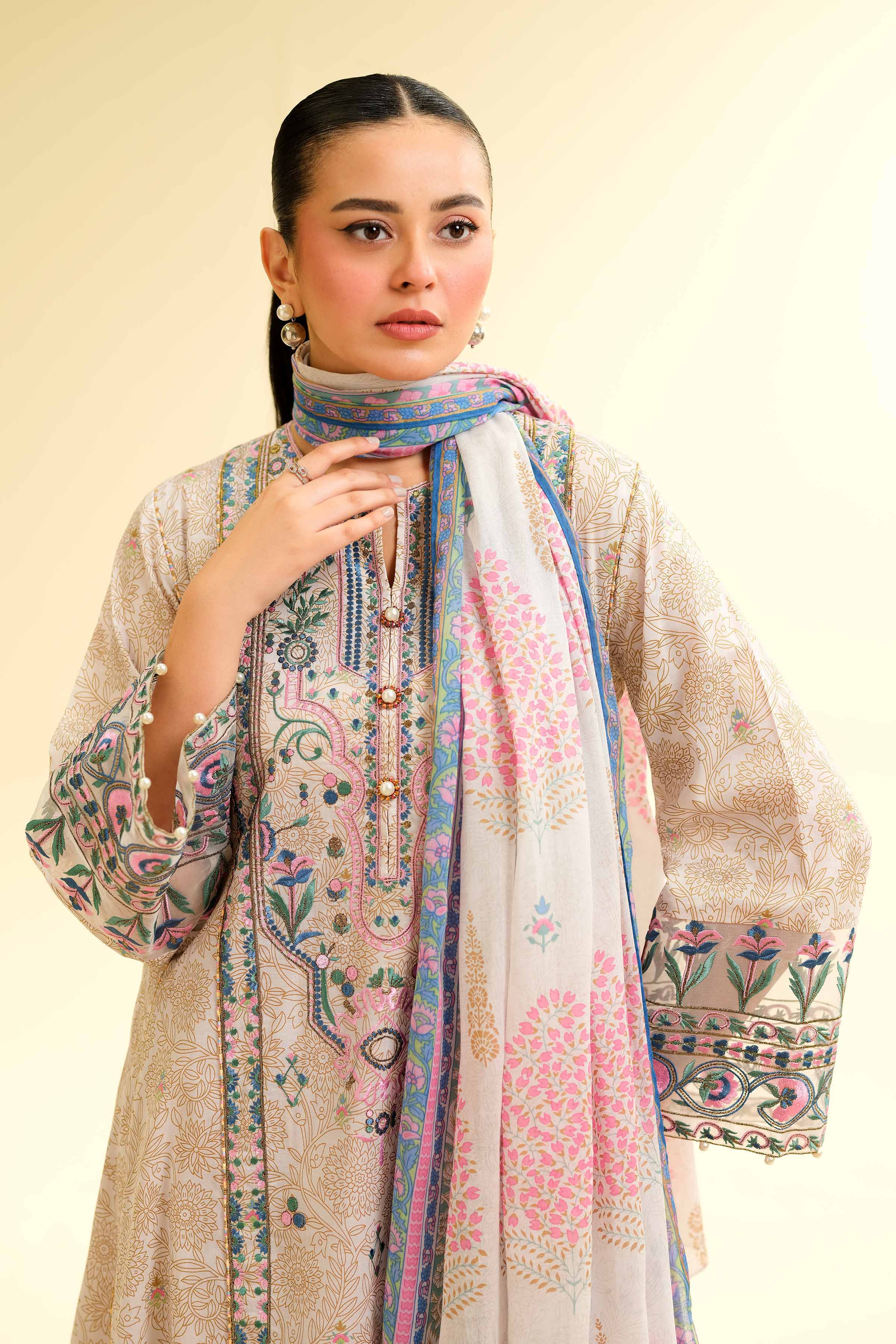 3 Piece - Gold Printed Embroidered Suit - 42501416