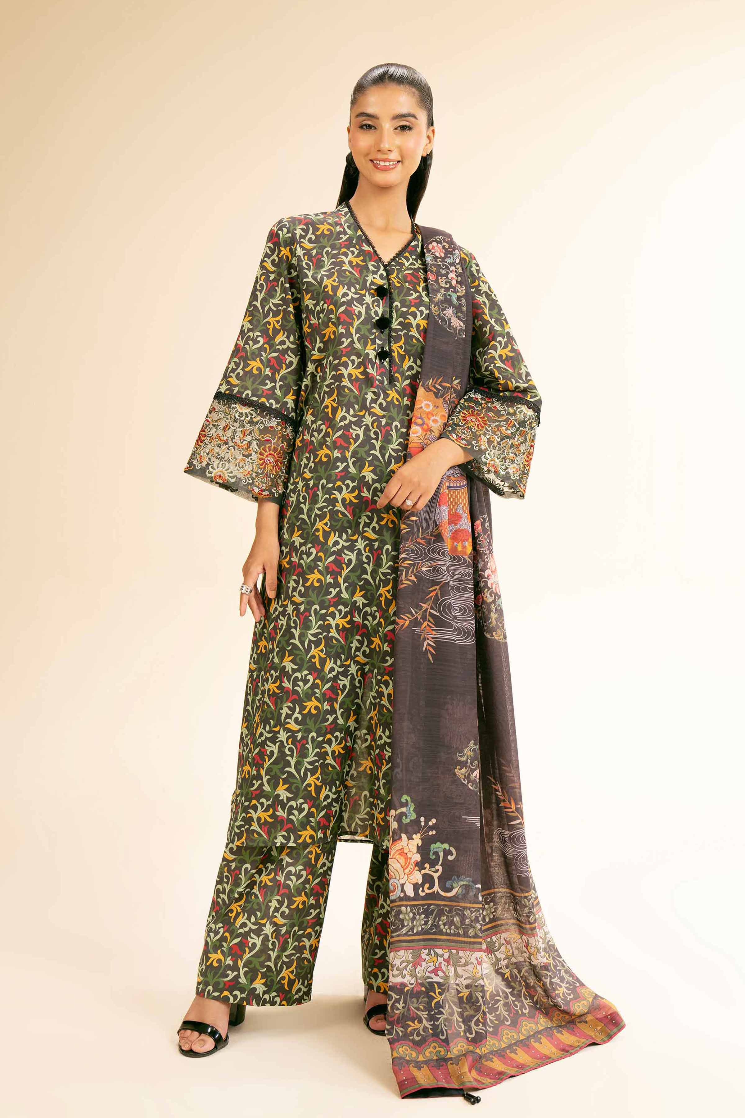 3 Piece - Printed Embroidered Suit - 42501314