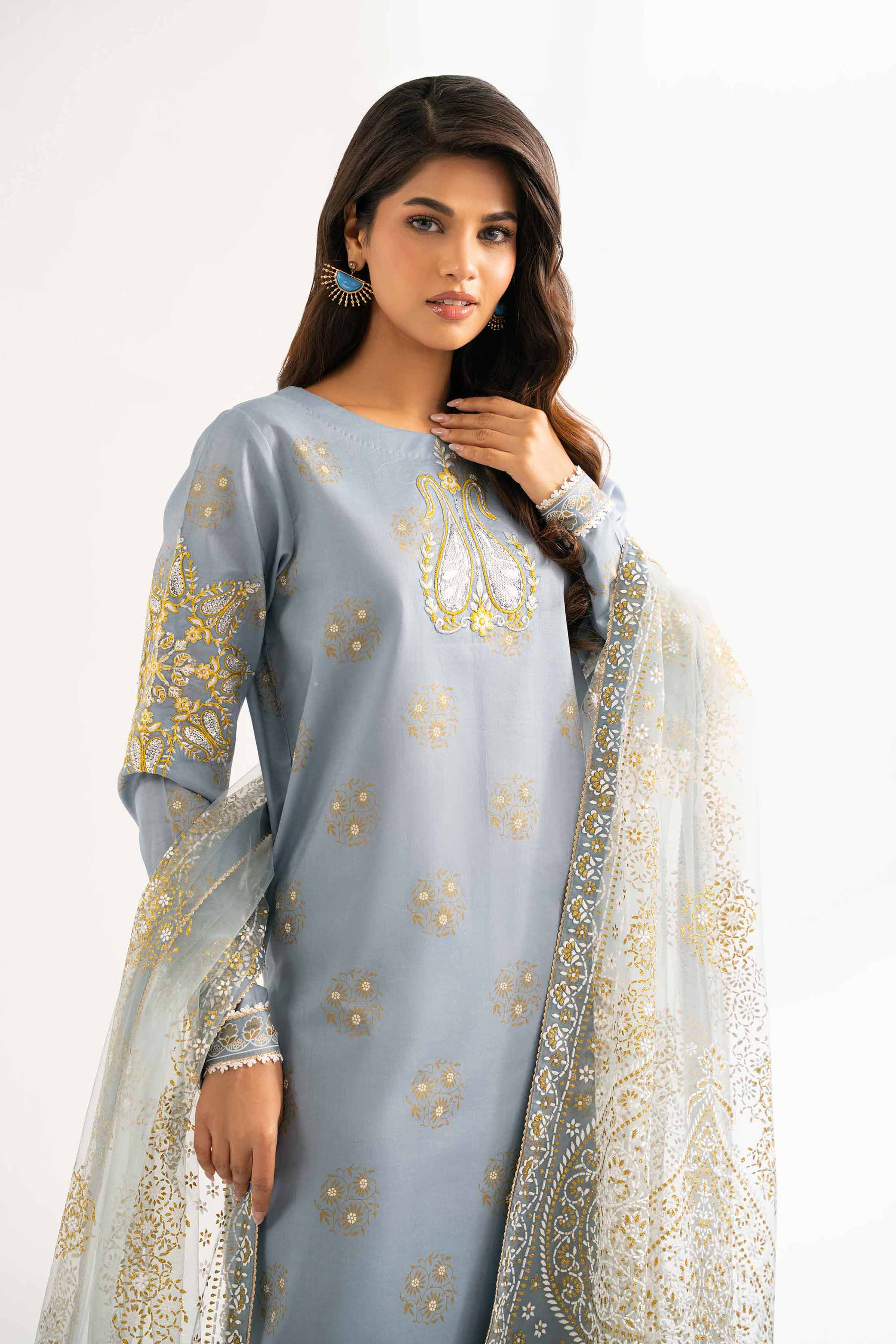 3 Piece - Paste Printed Embroidered Suit - 42501858